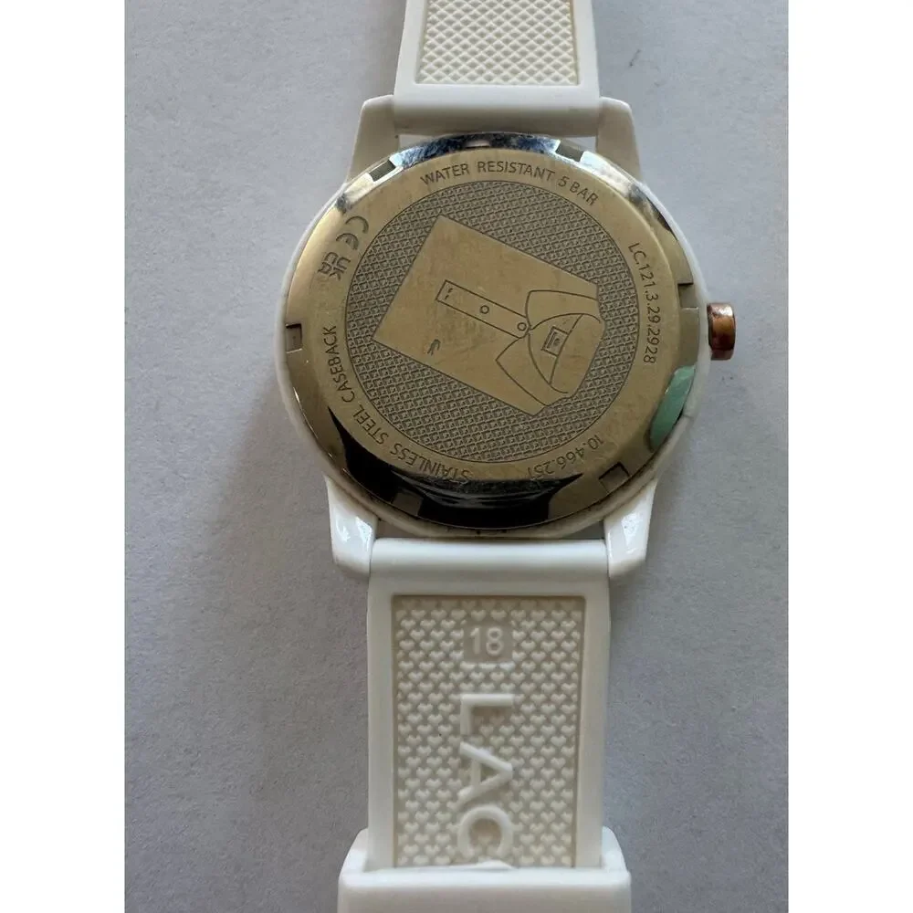 Lacoste 12.12 White Silicone Band 36mm Rose Gold Tone Watch Water Resistant